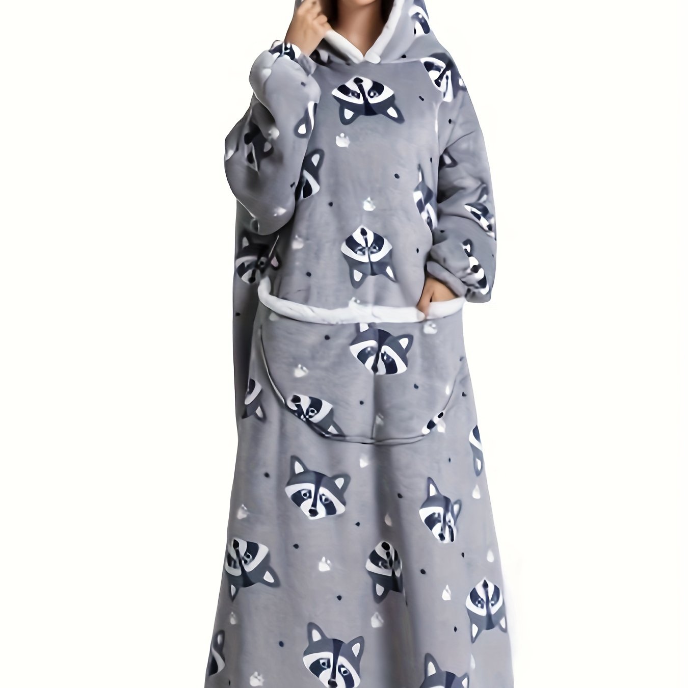 Raccoon Pattern Sherpa Fleece Hooded Long Robe