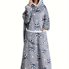 Raccoon Pattern Sherpa Fleece Hooded Long Robe