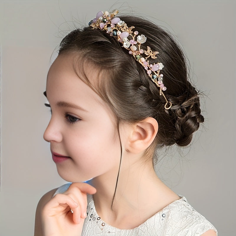 Pink Crystal Crown Princess Headband Pearl Decorative Headwear