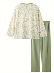 Dino Print Pajama Set Long Sleeve Top & Pants Women's Loungewear
