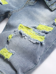 Yellow Green Mid Stretch Denim Shorts Men's Casual Street Style