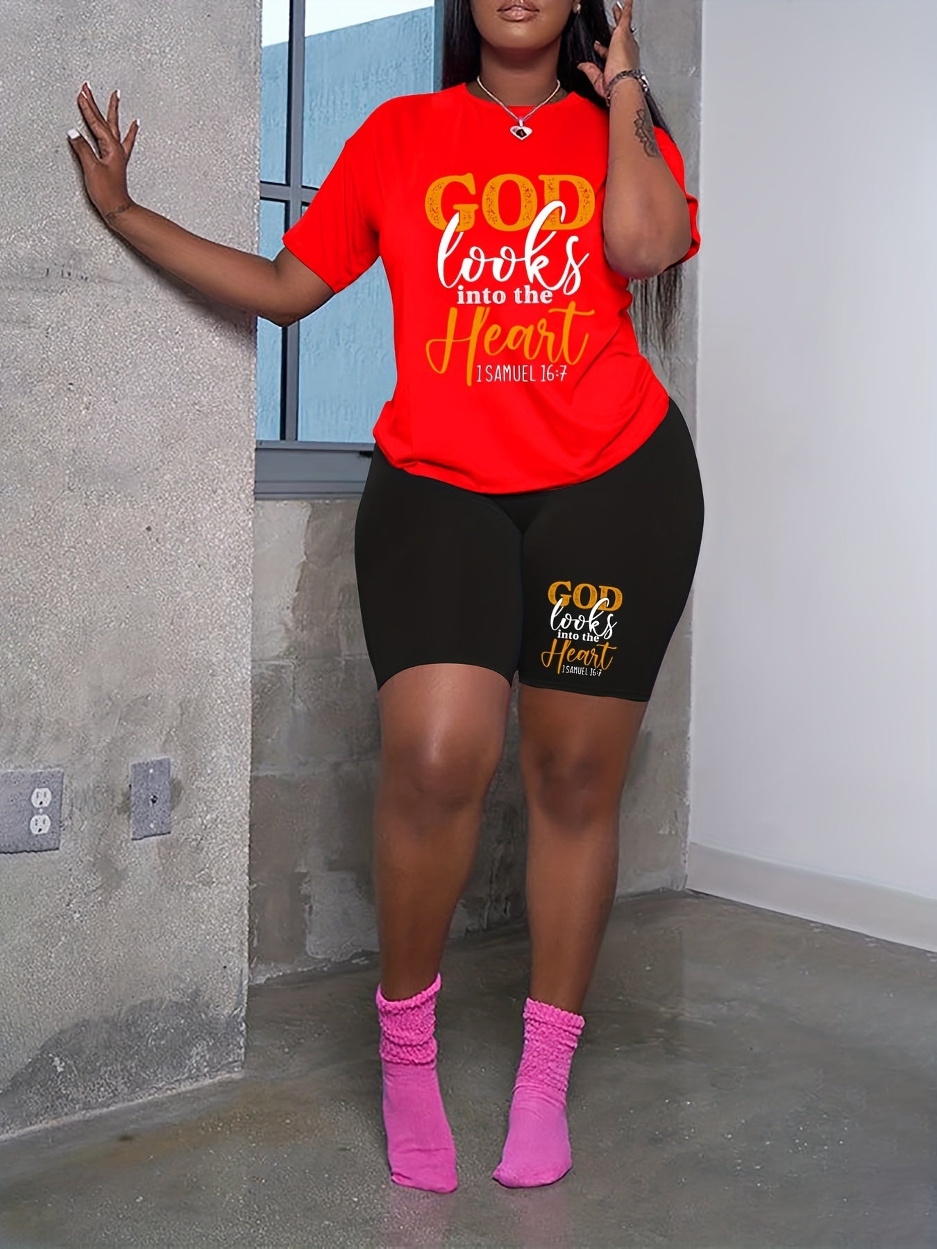 Slogan Print Tee & Shorts Outfits 2 Piece Set