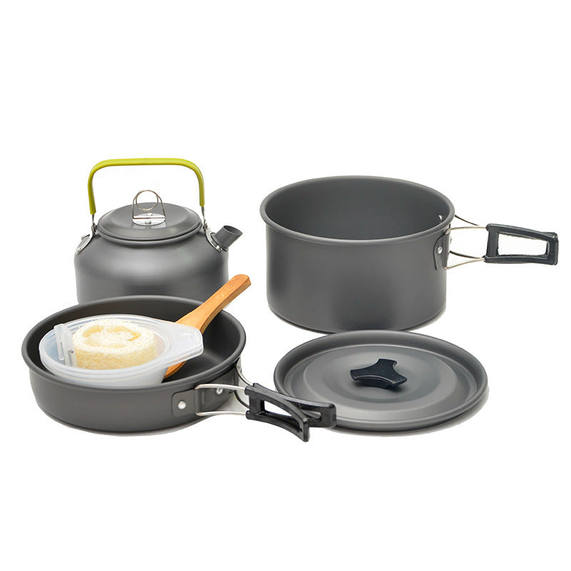 Portable Picnic Cookware Set with Aluminum Kettle, Pan, Pot & Utensils