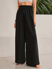 Solid Wide Leg Pants Paper Bag Waist Casual Pants