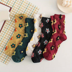 5 Pairs Floral & Argyle Print Socks Breathable Stockings Women's Hosiery