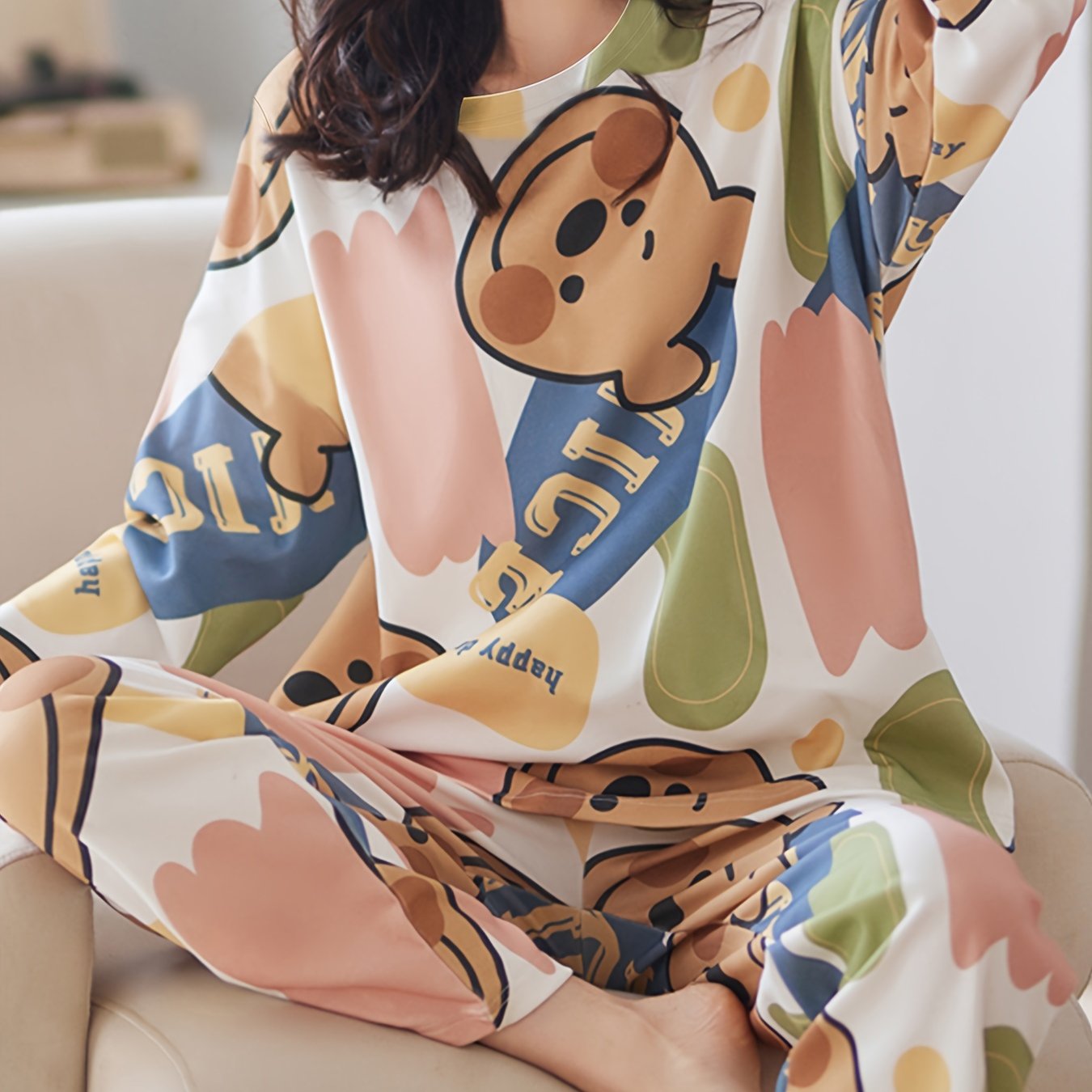 Bear Print Pajama Set Long Sleeve Top & Pants Women's Sleepwear