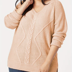 V Neck Long Sleeve Sweater Solid Jacquard Medium Stretch