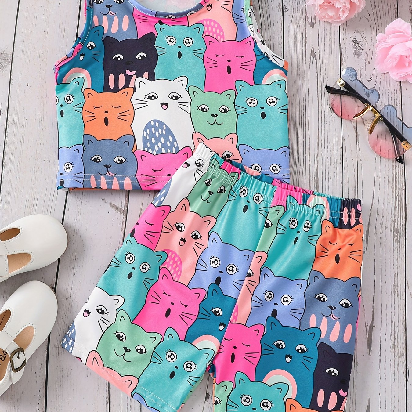 Kids Summer Cartoon Cat Tank Crop Top & Shorts Set
