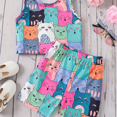 Kids Summer Cartoon Cat Tank Crop Top & Shorts Set