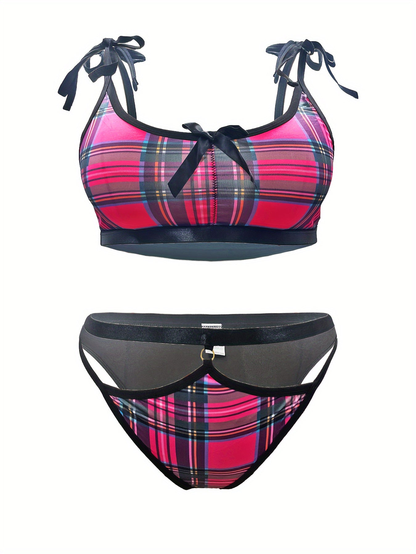 Sexy Lingerie Set Plaid Print Bow Tie Bra & Panty Preppy 2 Piece