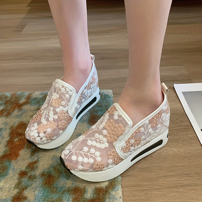 Floral Embroidered Sneakers Mesh Platform Shoes Inner Wedge Heel