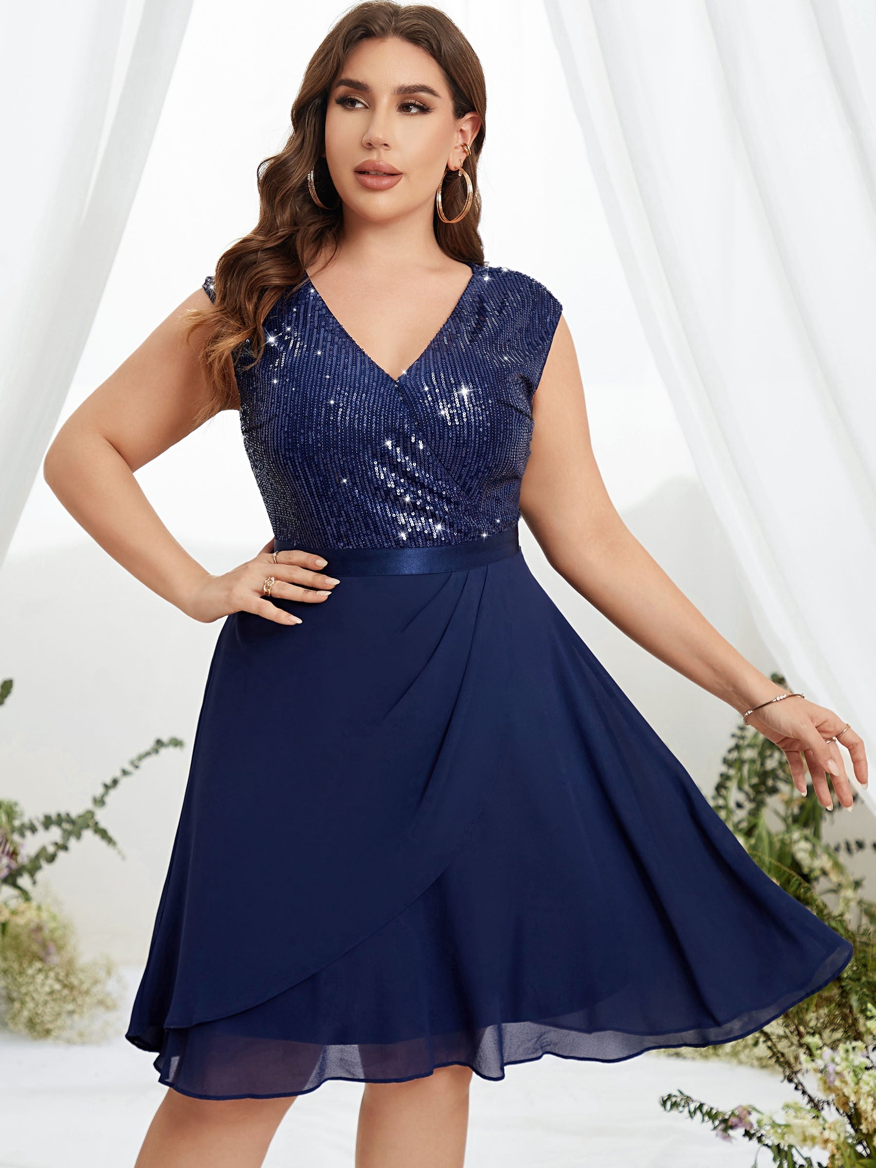 Solid Sequin Cap Sleeve V Neck Stretch Dress