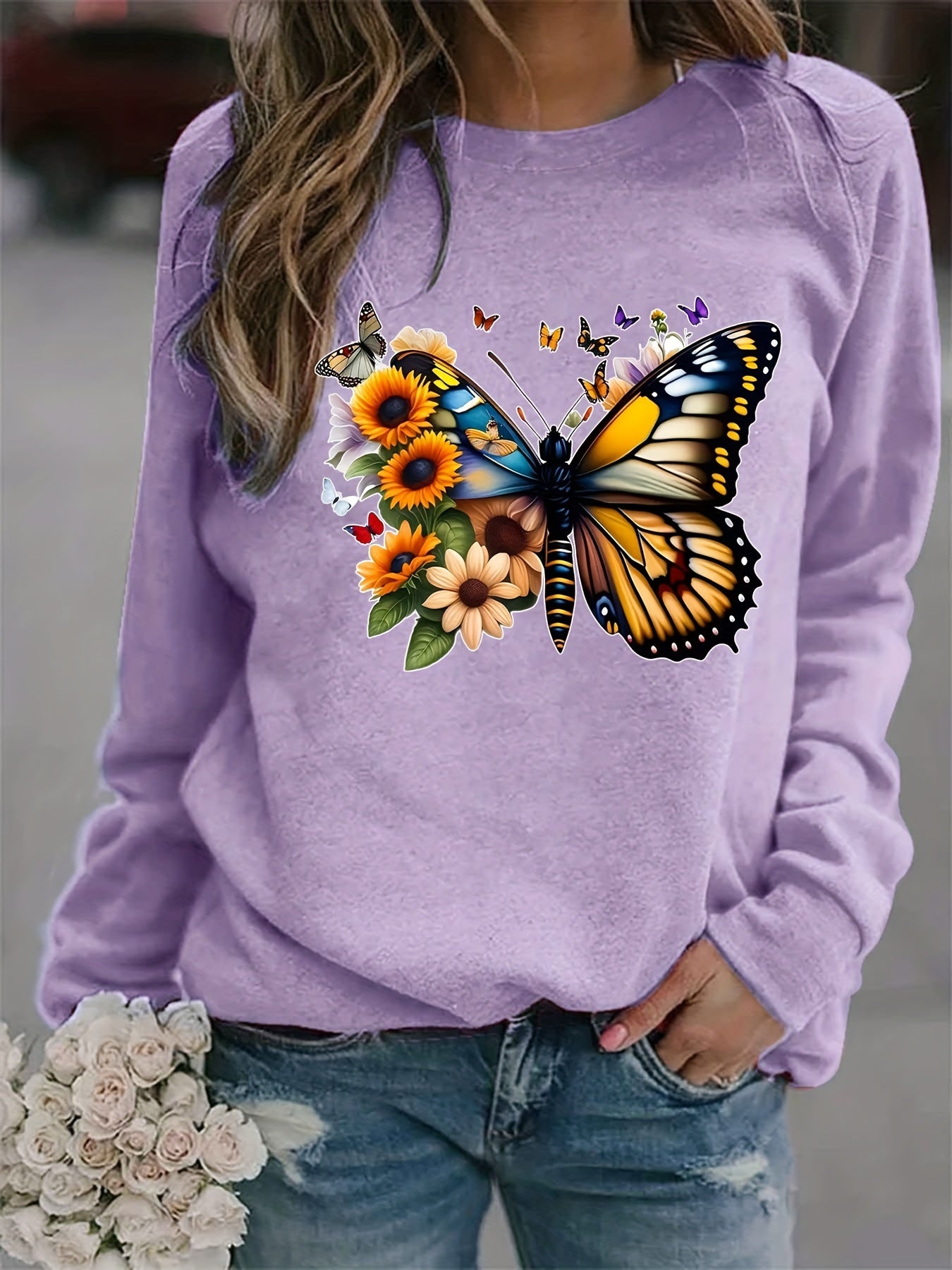 Butterfly Sunflower Print Sweatshirt Women's Casual Long Sleeve Crew Neck