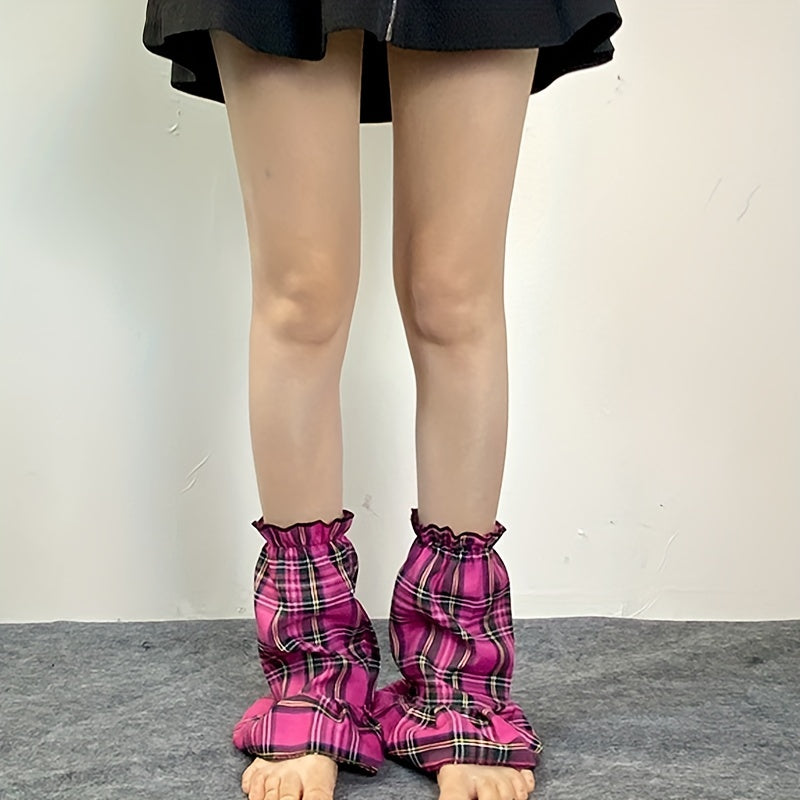 Colorblock Plaid Leg Warmers Ruffle Knee High Socks