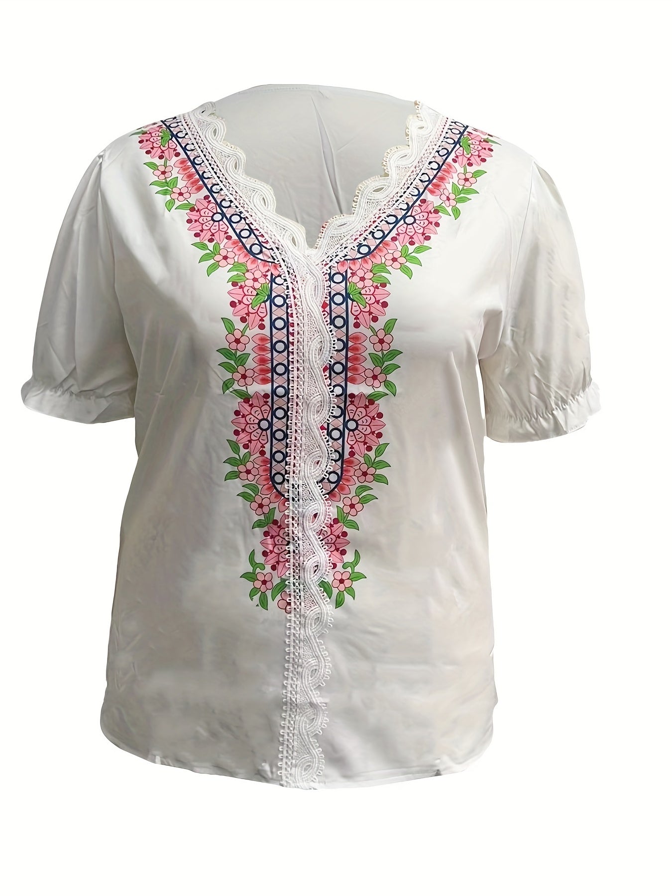 Floral Print Lace Sleeve V Neck Blouse