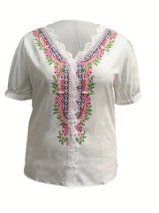 Floral Print Lace Sleeve V Neck Blouse