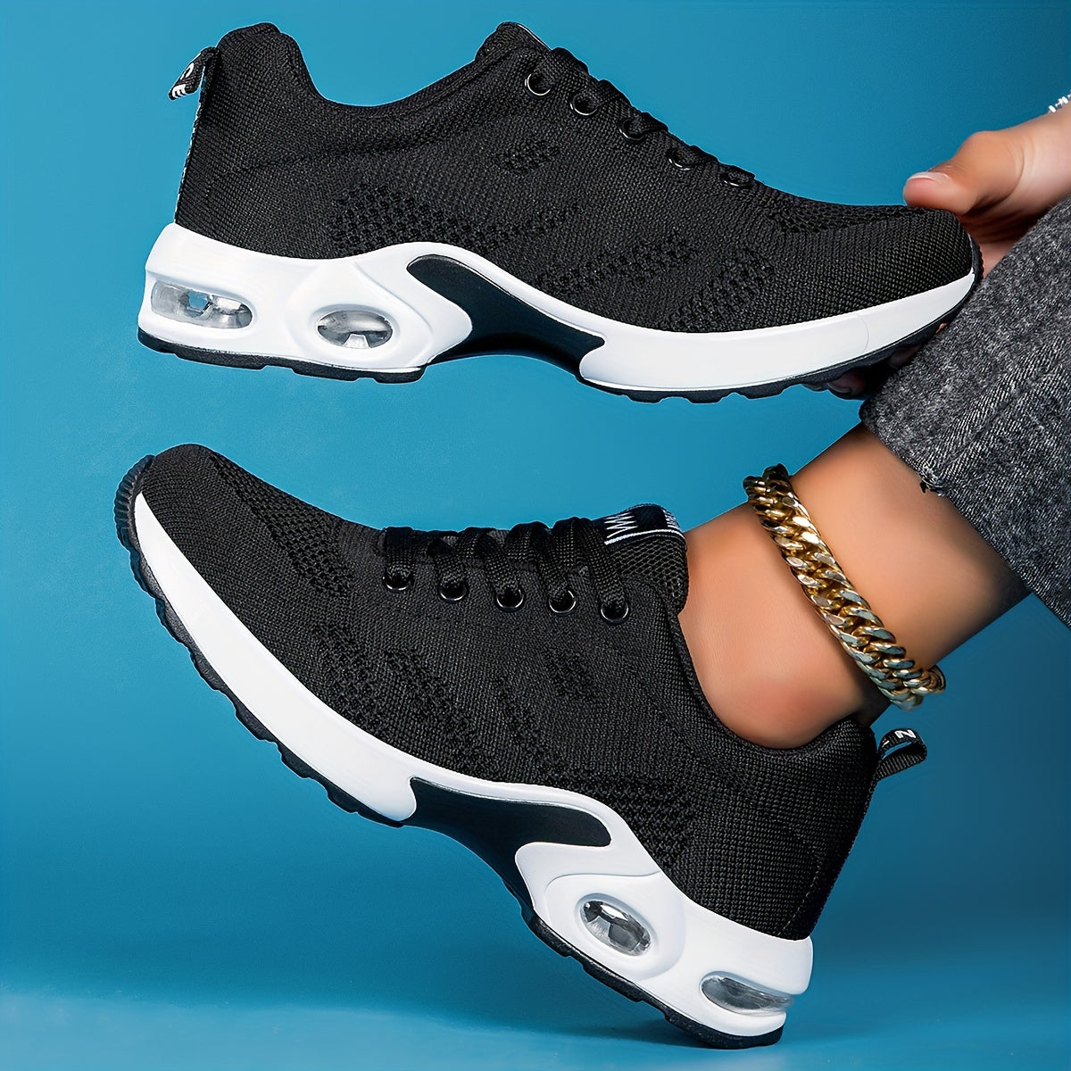 Women's Air Cushion Sneakers Flying Woven Running Shoes Lace Up