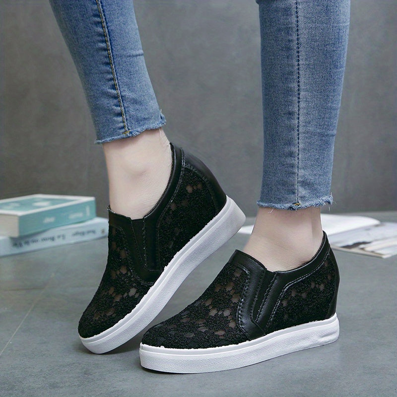 Women's Lace Wedge Heeled Loafers Mesh Slip On Shoes