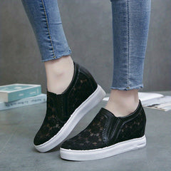 Women's Lace Wedge Heeled Loafers Mesh Slip On Shoes
