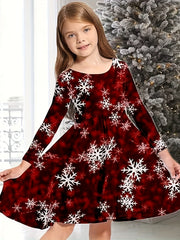 Snowflake Graphic Long Sleeve Dress Girls Christmas Party