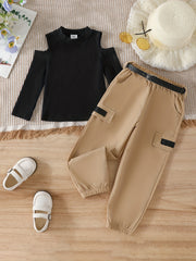 Girl's 2pcs Ribbed Top & Cargo Pants Set Shoulder Cut Out Casual Outfits