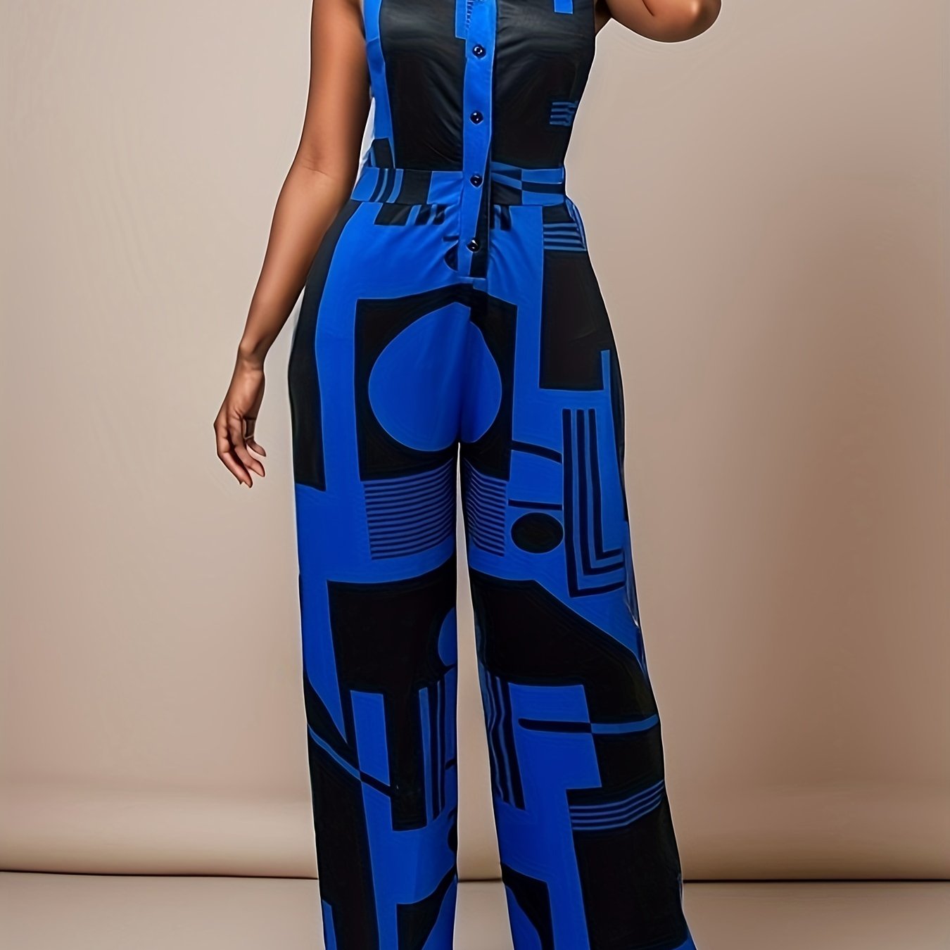 Graphic Print Cinched Tank Jumpsuit Sleeveless Button Front Jumpsuit