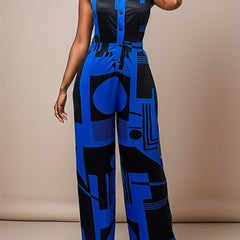 Graphic Print Cinched Tank Jumpsuit Sleeveless Button Front Jumpsuit