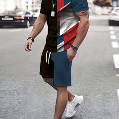 Men's 2 Piece Outfits Block T-shirt & Drawstring Shorts Set