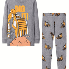 Kid's Excavator Pattern Pajama Set Long Sleeve Top & Pants
