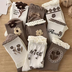 5 Pairs Floral Print Ruffle Socks Breathable Women's Stockings