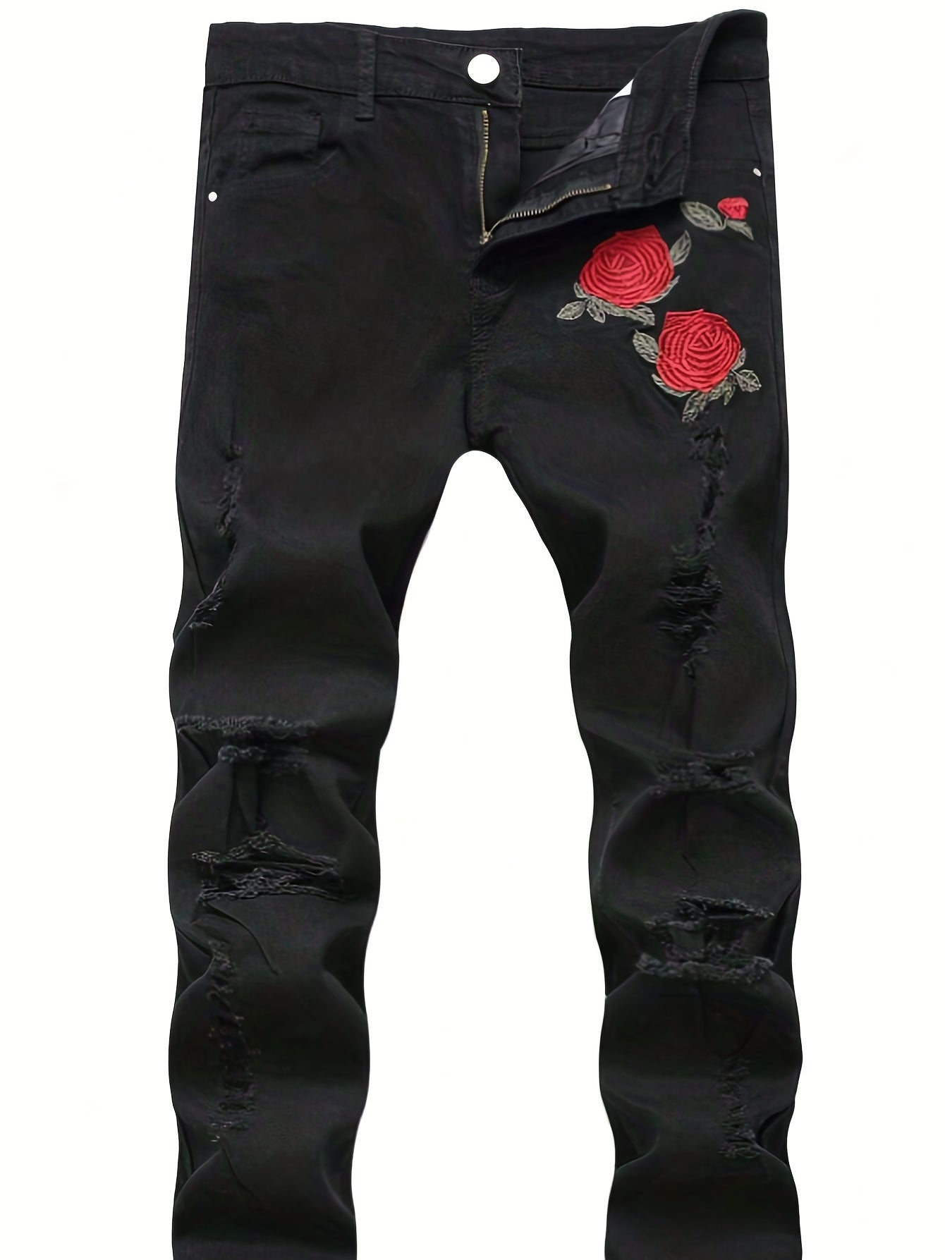 Slim Fit Rose Embroidery Ripped Jeans Men's Casual Street Style Stretch Denim