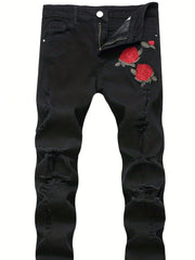 Slim Fit Rose Embroidery Ripped Jeans Men's Casual Street Style Stretch Denim