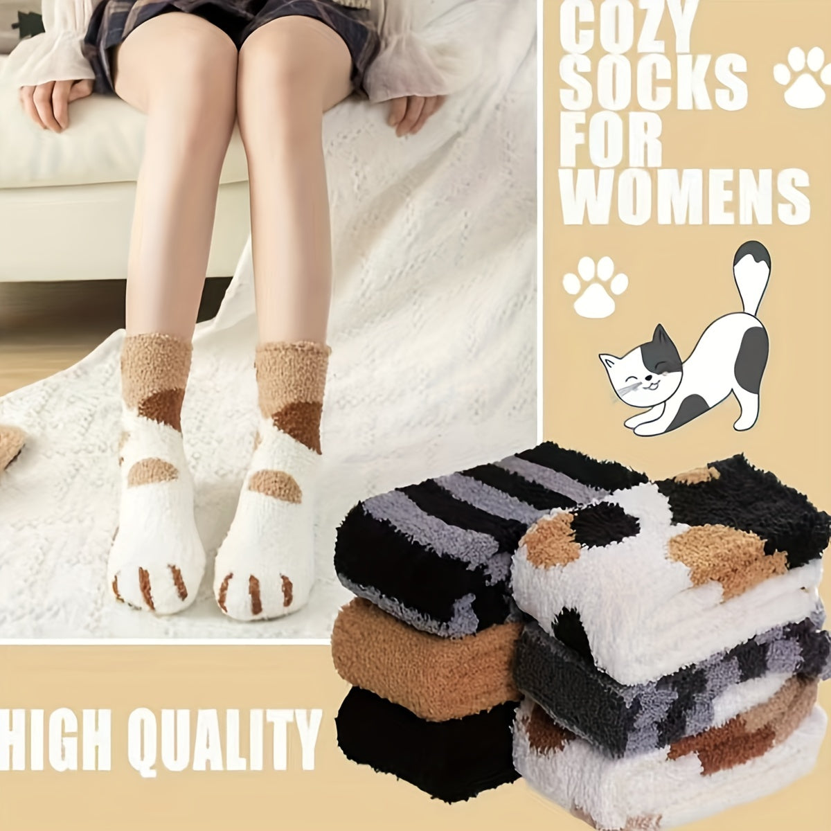 6 Pairs Cat Claw Pattern Cotton Socks for Women & Girls