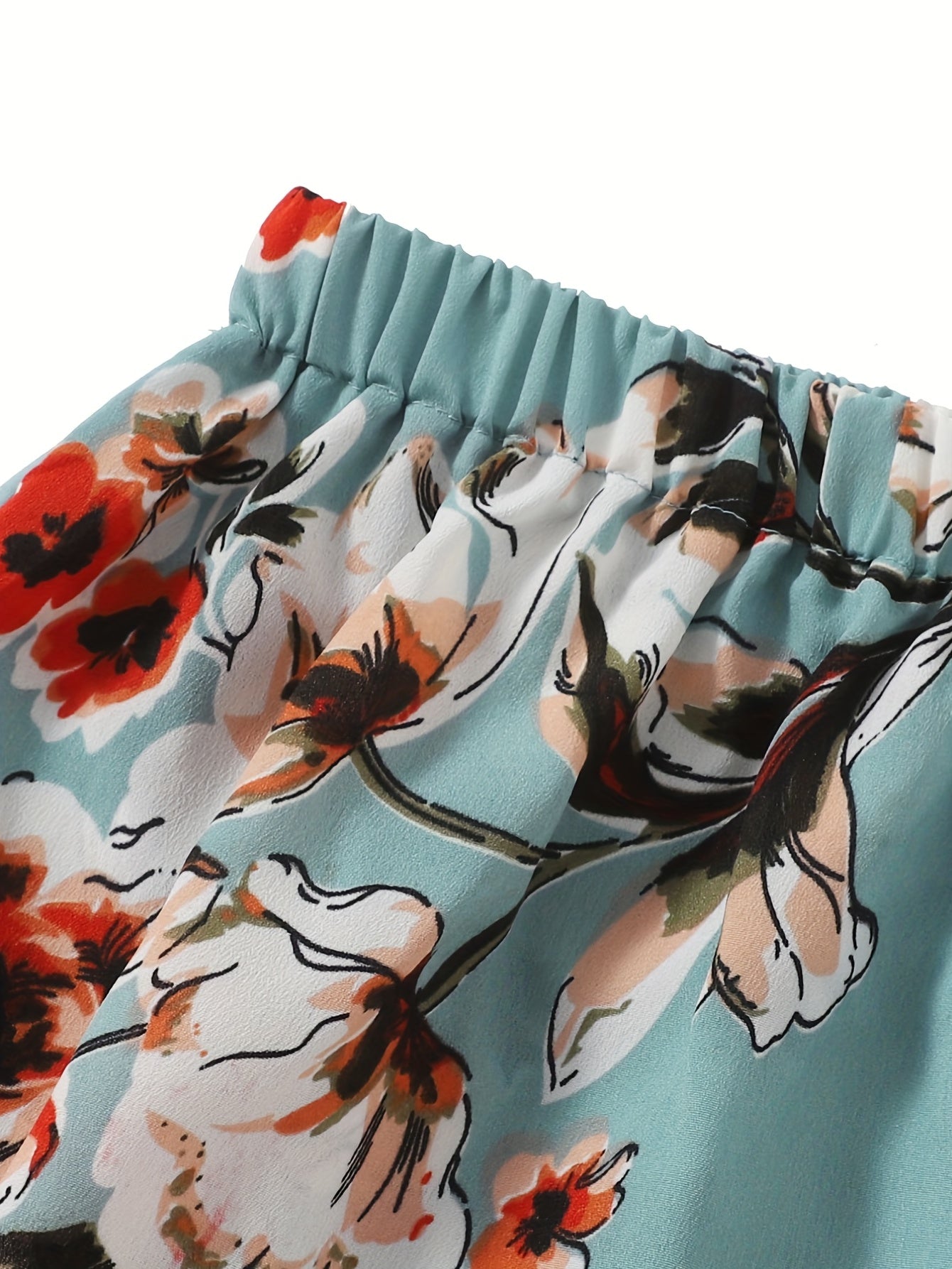 Vintage Floral Print 2pc Set V Neck Ruffle Trim Tops & Elastic Waist Shorts