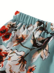 Vintage Floral Print 2pc Set V Neck Ruffle Trim Tops & Elastic Waist Shorts