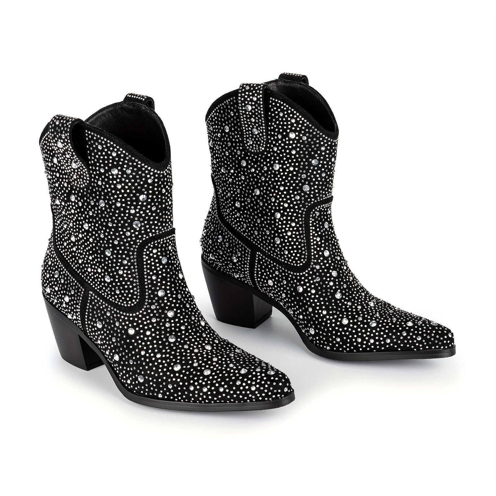 Women's Rhinestone Cowboy Boots Pointed Toe Chunky Heel Dress Boots
