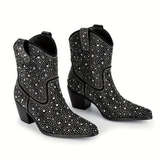 Women's Rhinestone Cowboy Boots Pointed Toe Chunky Heel Dress Boots