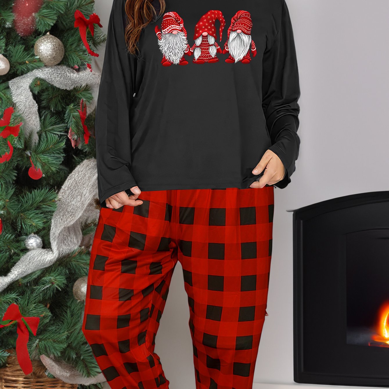 Gnomes Graphic Tee & Plaid Pants Pajamas Set