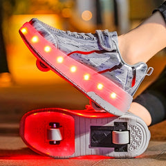 Boy's LED Light Up Roller Shoes Hook Loop Velcro Wheel Skate Sneakers Kids
