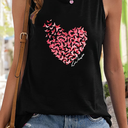 Butterfly & Heart Pattern Stretchy Sports Vest Round Neck Sleeveless Casual Top
