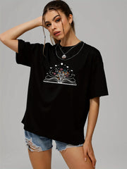 Book & Flower Print Summer Sports T-shirts for Women