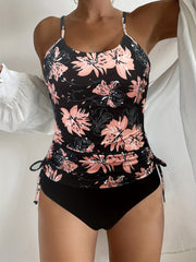 Drawstring Tie Side Tankini Set Floral Pattern High Cut Swimsuit