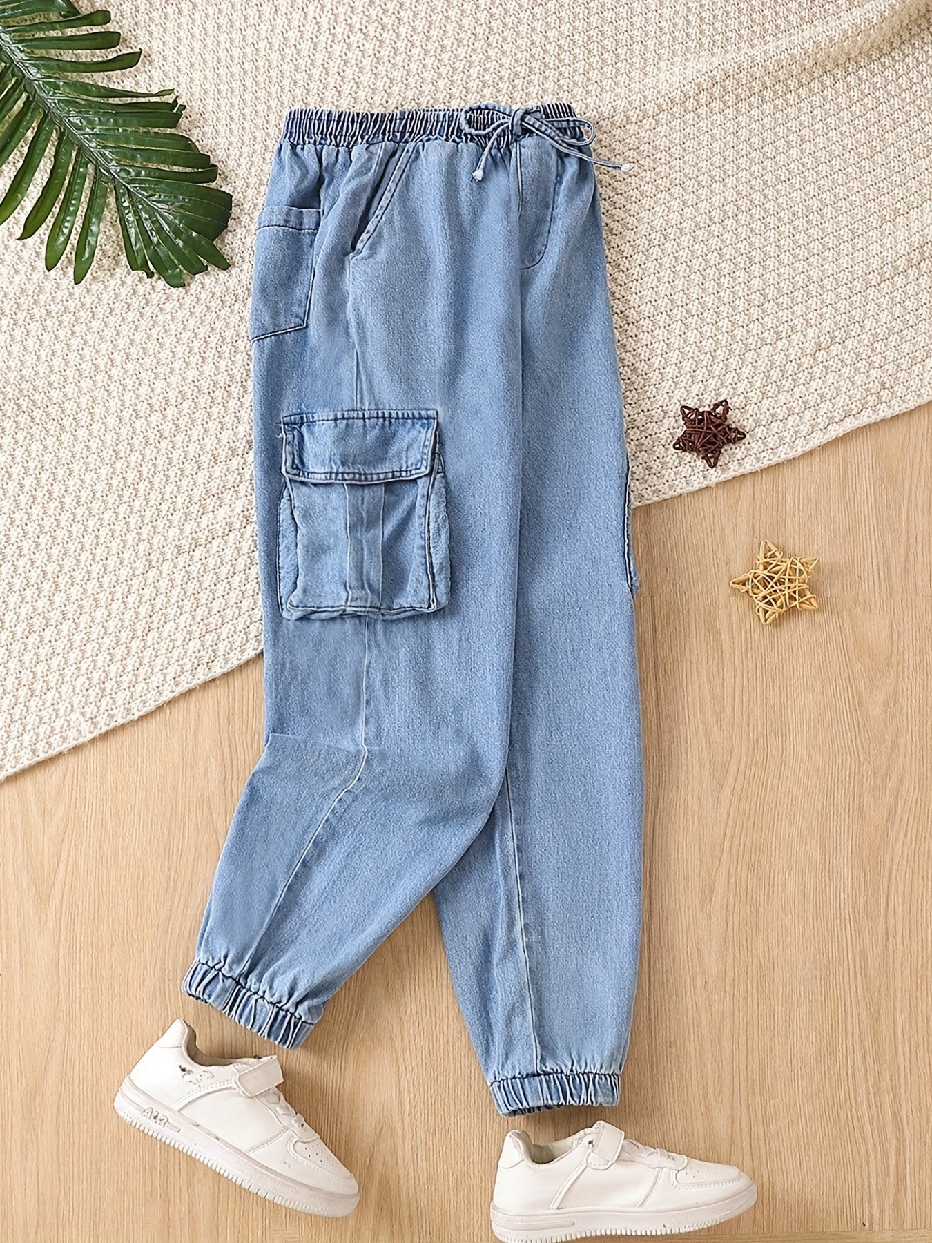 Girls Casual Cargo Denim Pants With Pockets Summer Kids Clothes