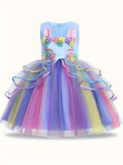 Girls Unicorn Princess Dress Unicorn Floral Print Mesh Princess Dress