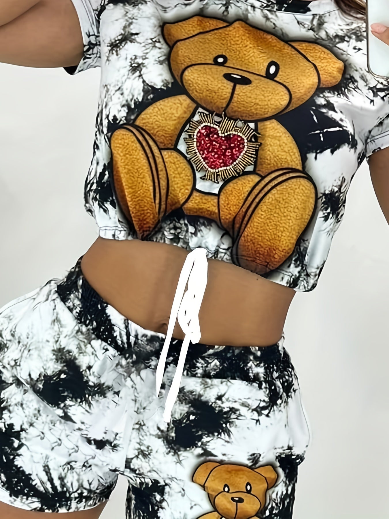 Bear Print 2pc Set Short Sleeve Tee & Shorts Outfit