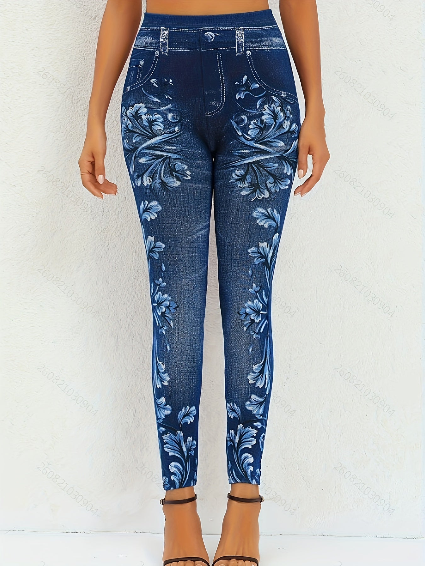 Denim & Floral Print Leggings High Stretch