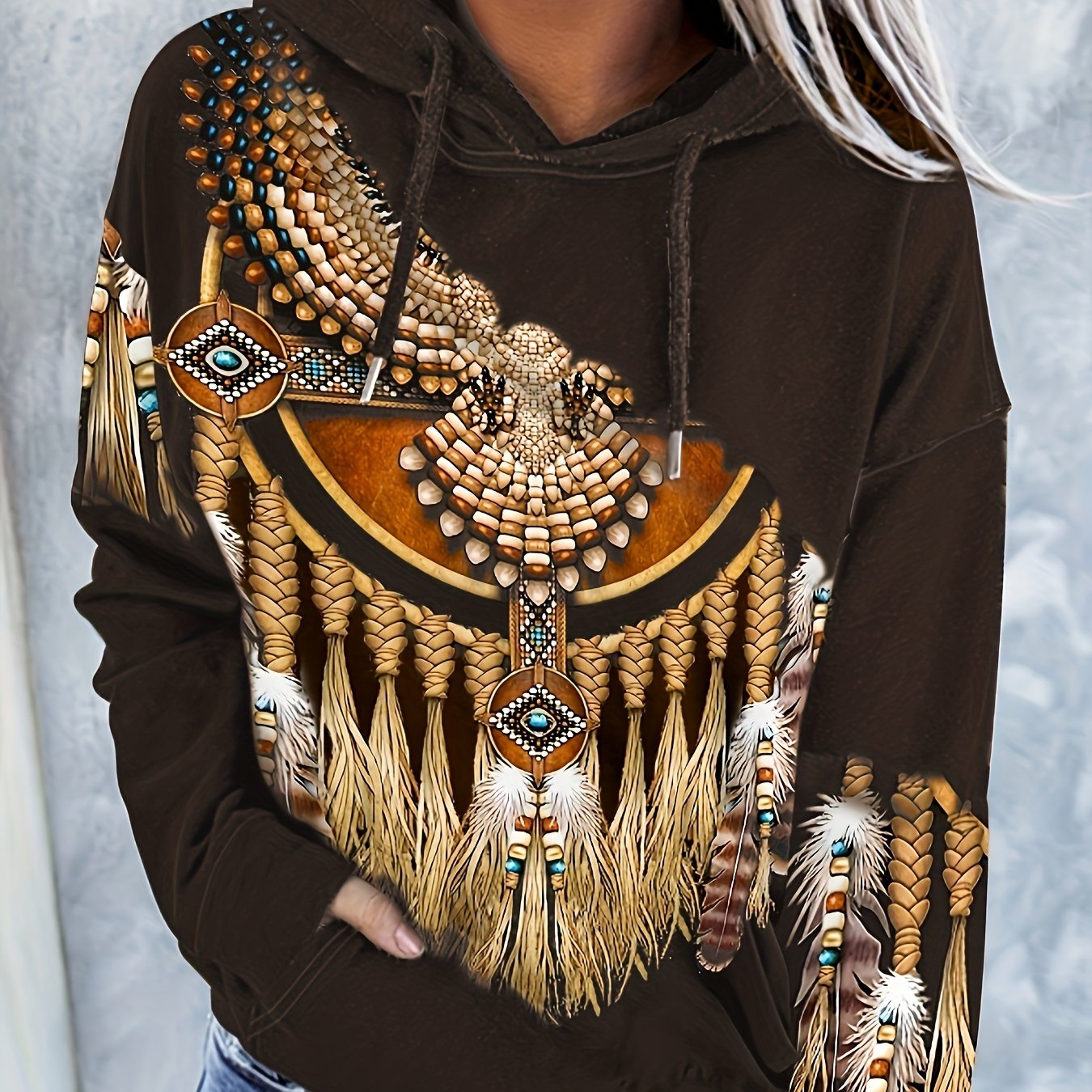 Tribal Print Kangaroo Pocket Hoodie Long Sleeve Hoodie