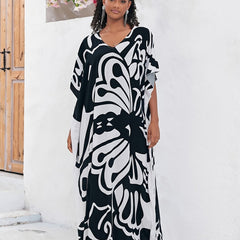 Plus Size Boho Kaftan Dress Women's Plus Butterfly Print V Neck Beachwear Maxi