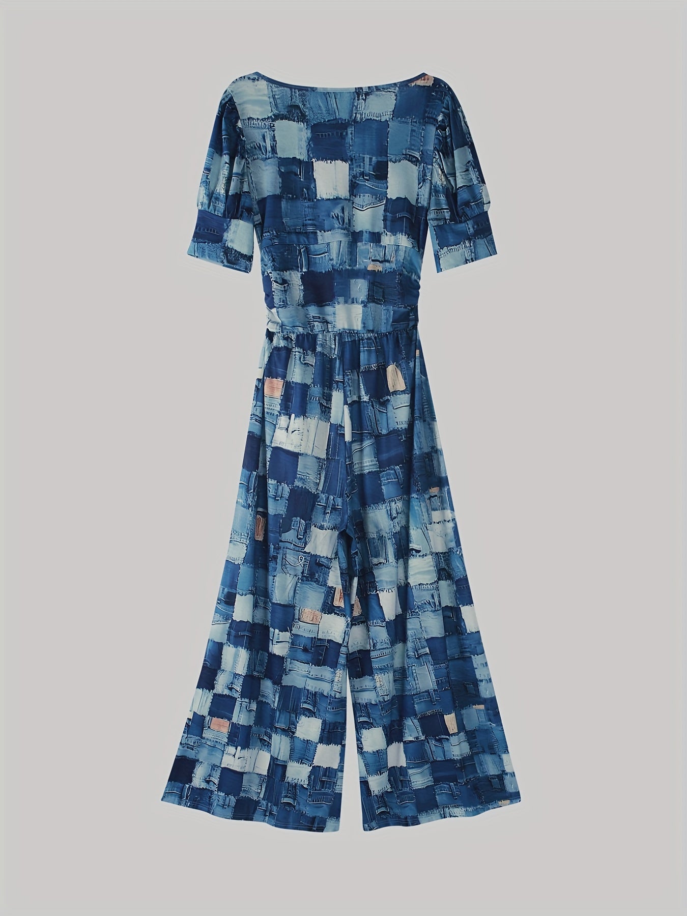 Patchwork Print Wide Leg Jumpsuit Casual Puff Sleeve Jumpsuit