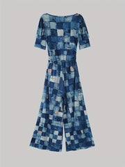 Patchwork Print Wide Leg Jumpsuit Casual Puff Sleeve Jumpsuit